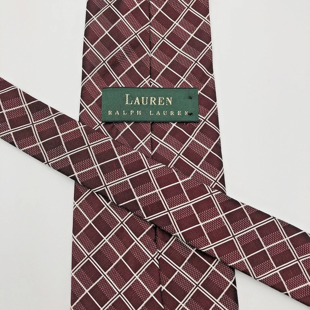 VTG Lauren Ralph Lauren Tie Burgundy Plaid Diamond 100% SILK Made USA Hand Finis